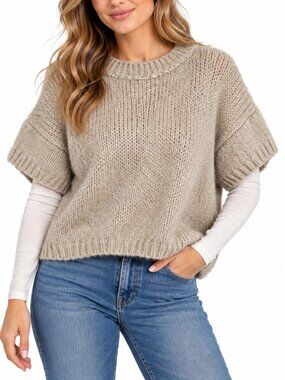 CHARLI Wool & Kid Mohair Blend Short Sleeve Sweater Beige OS Open Knit Cozy